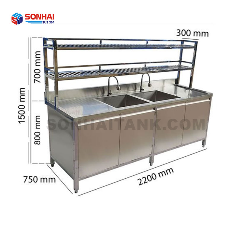 Tủ inox 2 bồn + Kệ trên 2200×750 mm